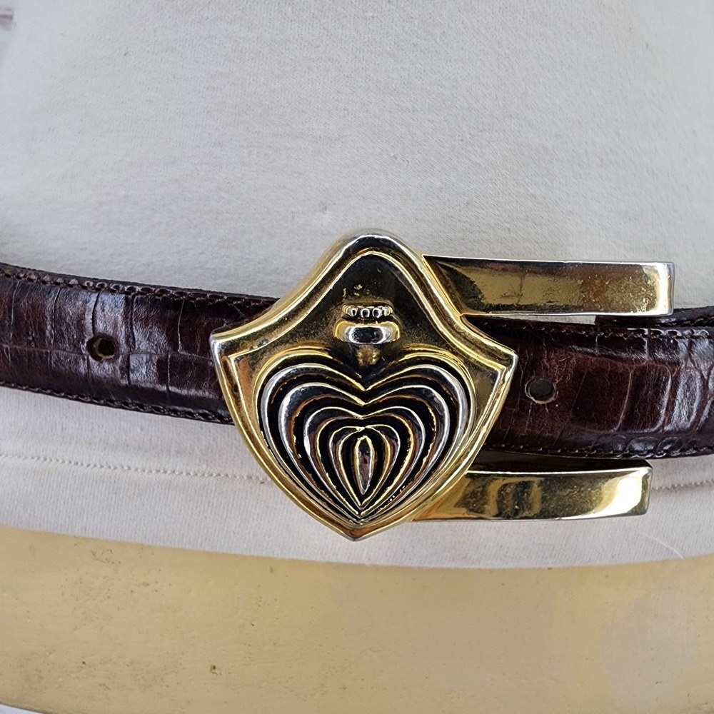 Vintage Vicenza Italian Calfskin Leather Belt 32 Heart Crown Croc Embossed Gold - Picture 2 of 10